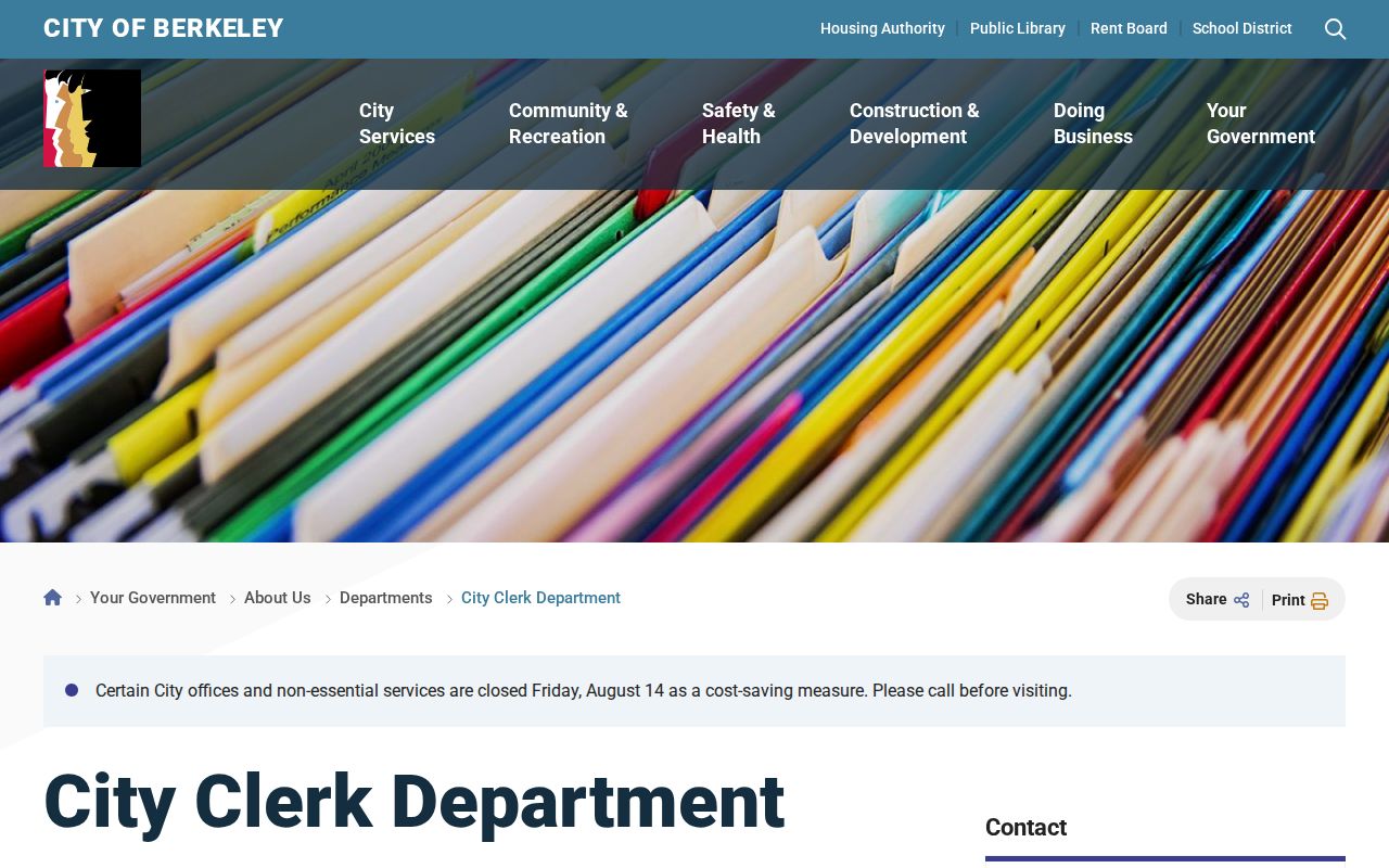 Berkeley residents directory view of the Berkeley City Clerk records department