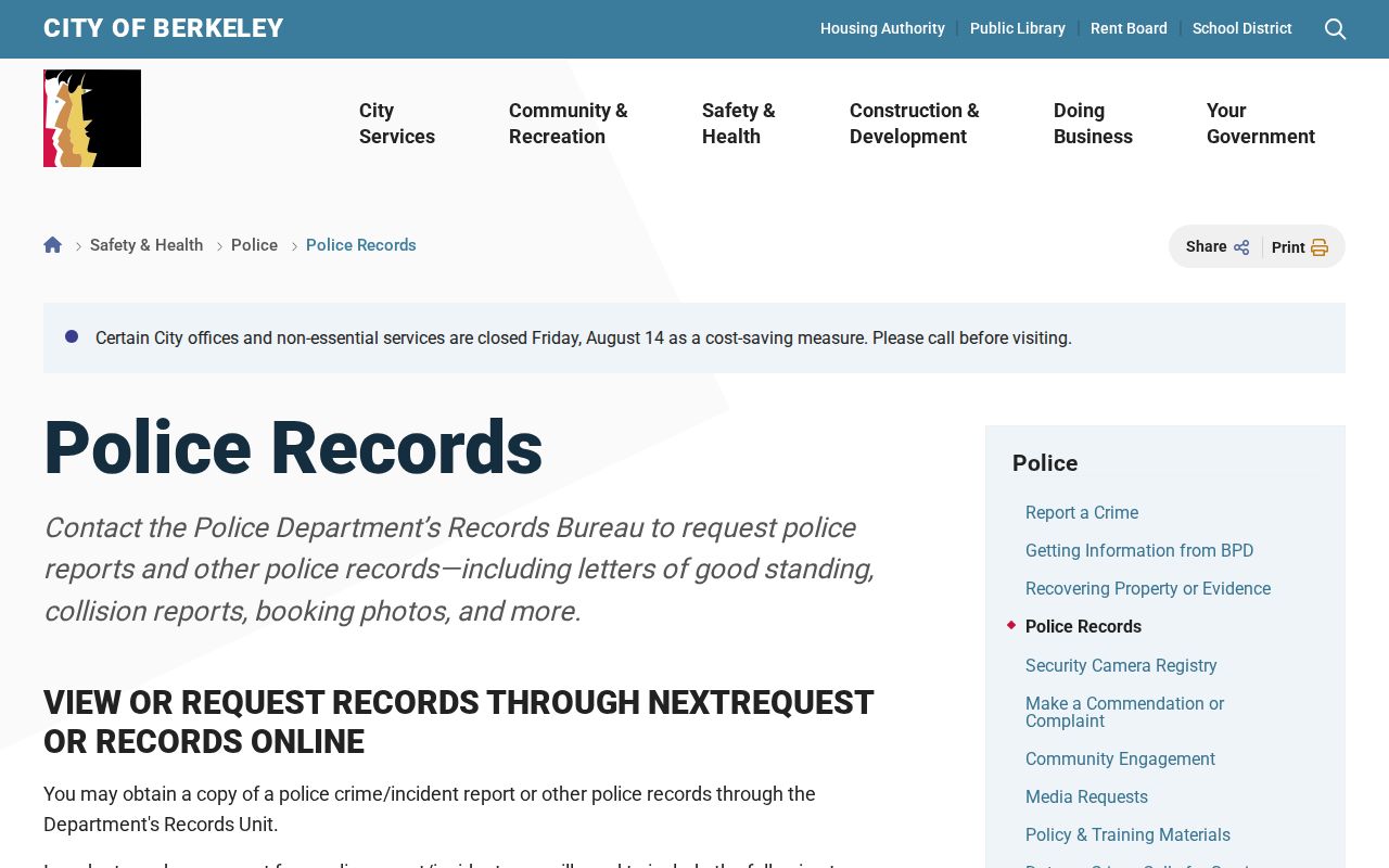 Berkeley neighbors lookup view of Berkeley Police records request channels