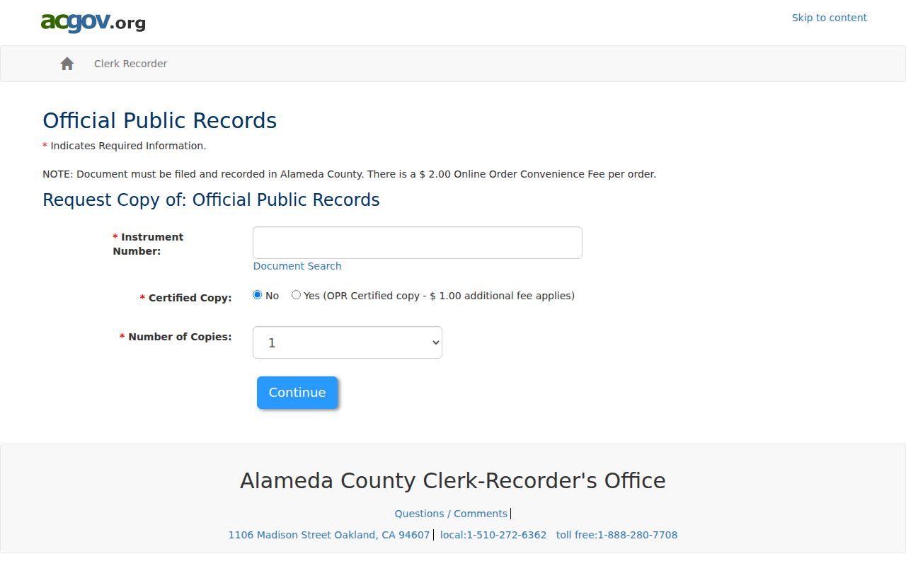 Alameda official record copy order for Berkeley previous residents