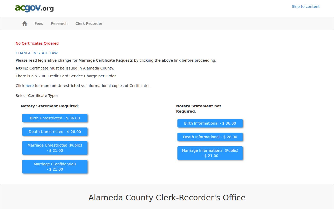 Berkeley resident lookup view of an Alameda authorized and informational vital record order