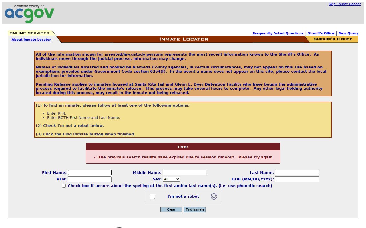 Berkeley resident lookup view of the Alameda County inmate locator