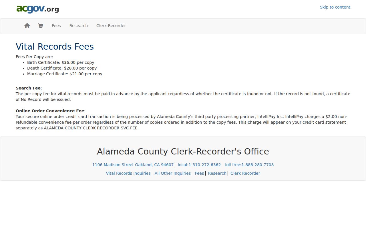 Berkeley resident lookup view of Alameda vital record certificate choices