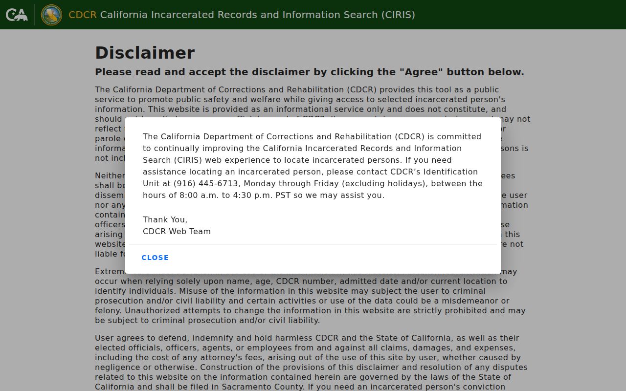 Berkeley resident lookup view of the California state inmate locator