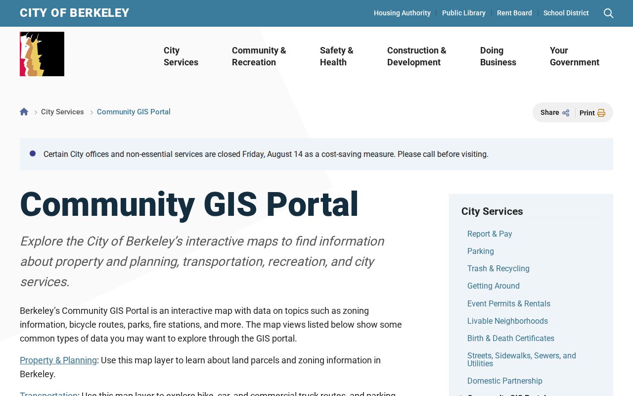 Berkeley street directory Community GIS parcel viewer